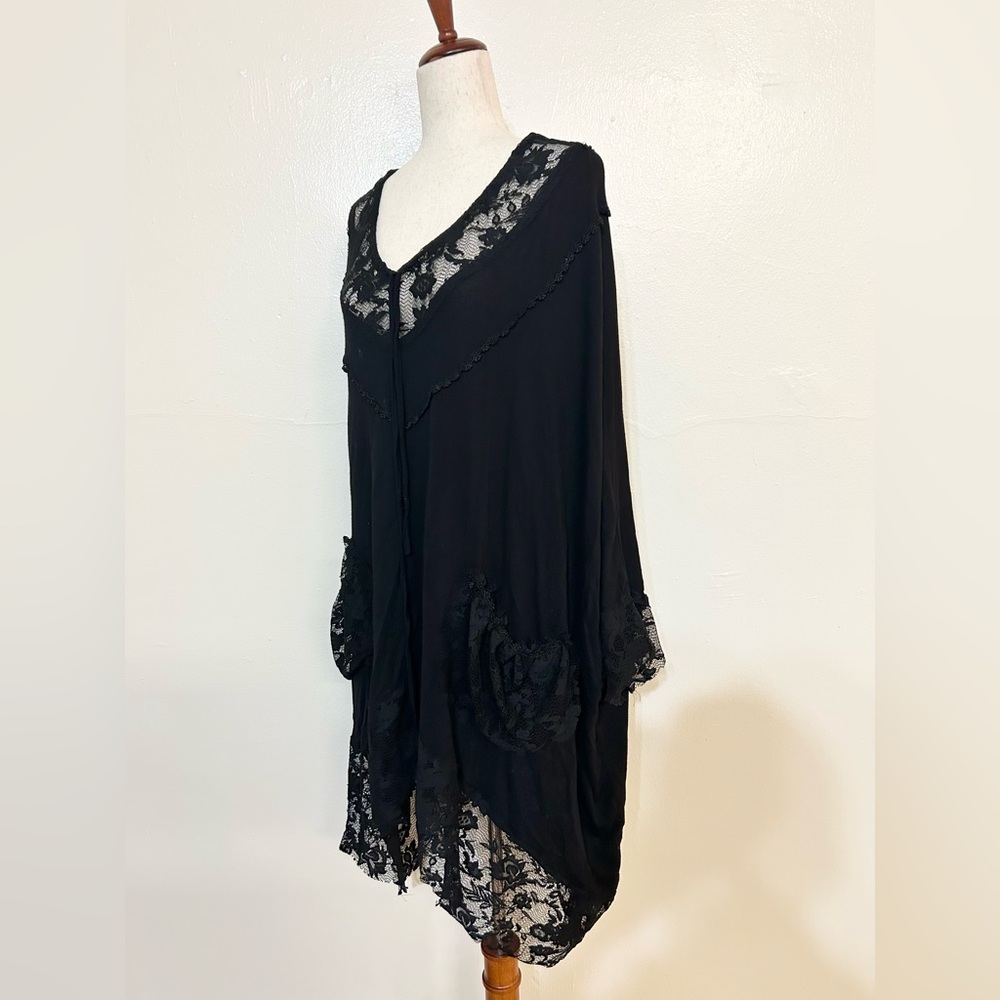 PARMI Black Knit Lace Trim Adjustable Neckline Blouse Dress - Picture 2 of 4